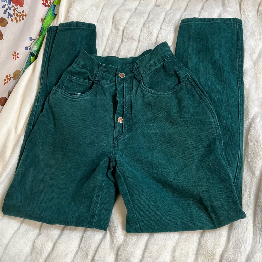 VTG 80s 90s Rio 22” Jade Green Stone Wash Earth High Waist Button Fly Jeans